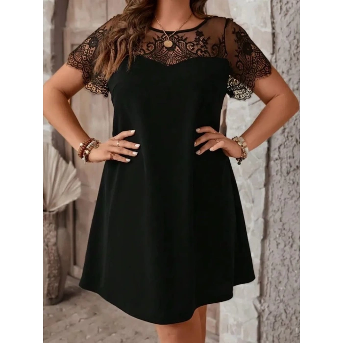 Kadın Kısa Kollu Dantel Bisiklet Yaka Ve Kol Dantel Detaylı Janjan Krep Elbise