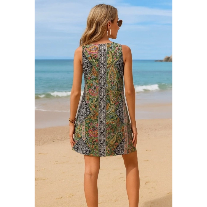 Kadın Kısa Kollu Dantel V Yakalı Desenli Süprem Elbise