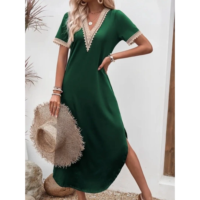 Kadın Kısa Kollu Dantel V Yakalı Uzun Viskon Elbise