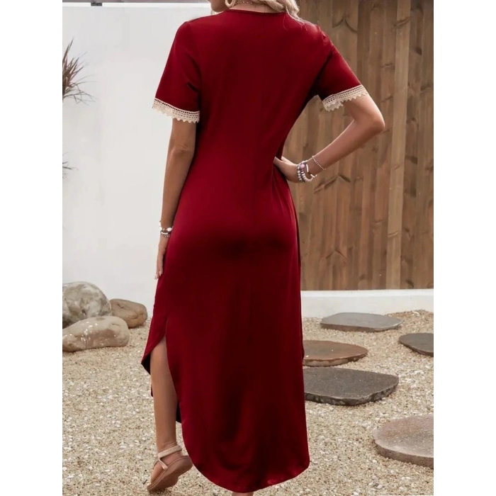 Kadın Kısa Kollu Dantel V Yakalı Uzun Viskon Elbise