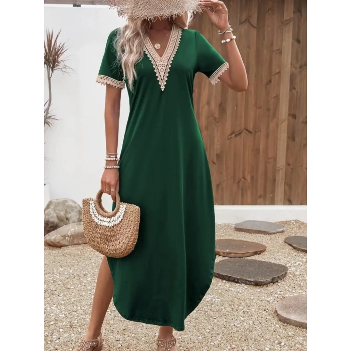 Kadın Kısa Kollu Dantel V Yakalı Uzun Viskon Elbise
