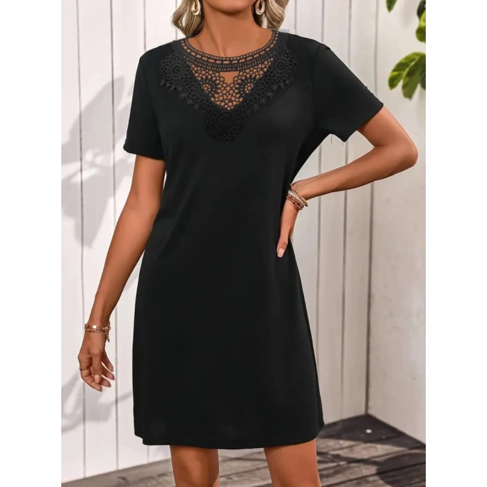 Kadın Kısa Kollu Dantel Yakalı Kısa Viskon Elbise