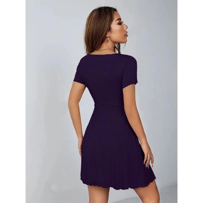 Kadın Kısa Kollu Derin Büzgülü V Yakalı Viskon Elbise
