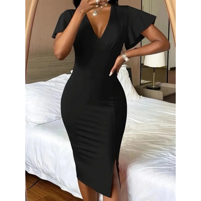 Kadın Kısa Kollu Derin Dekolte V Yakalı Yırtmaçlı Midi Janjan Krep Elbise