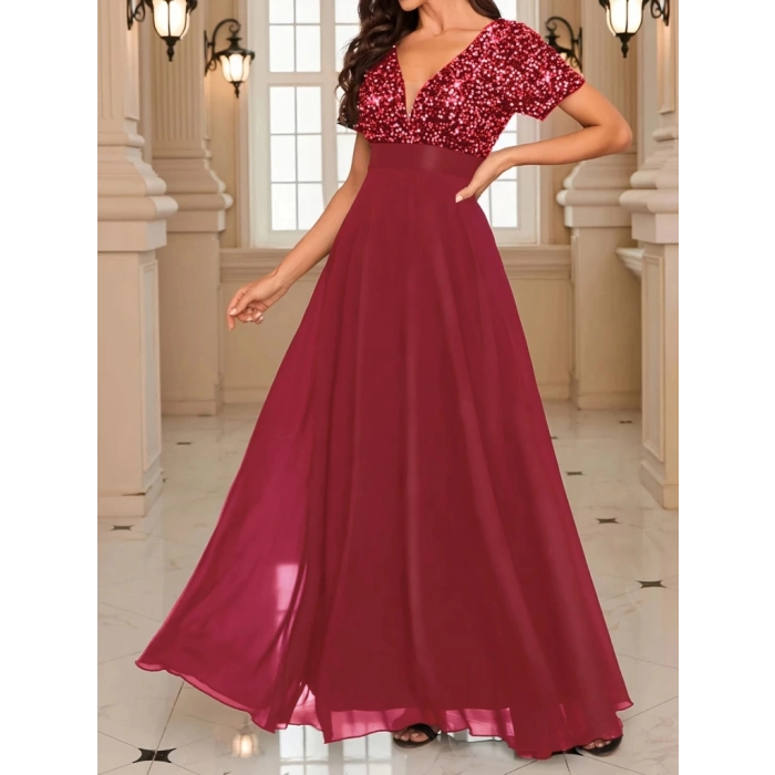 Kadın Kısa Kollu Derin V Yakalı A Kesim Pulpayet Detaylı şifon Nedime Elbisesi