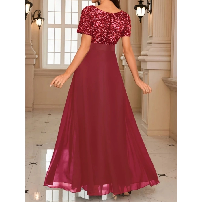 Kadın Kısa Kollu Derin V Yakalı A Kesim Pulpayet Detaylı şifon Nedime Elbisesi