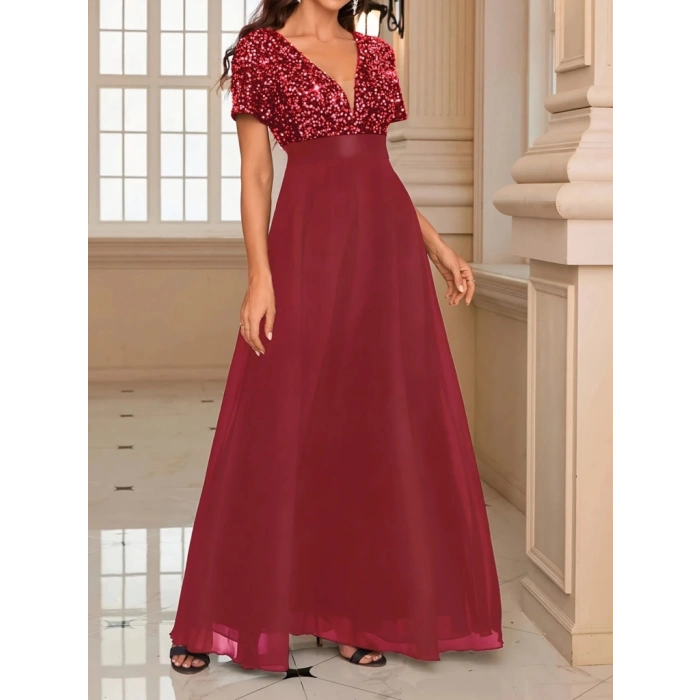 Kadın Kısa Kollu Derin V Yakalı A Kesim Pulpayet Detaylı şifon Nedime Elbisesi