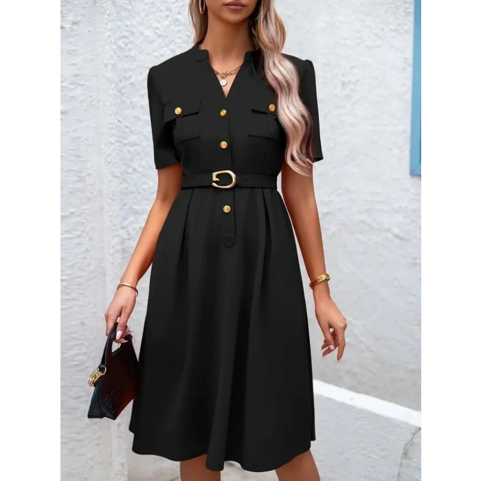 Kadın Kısa Kollu Düğmeli Ve Kemerli Atlas Elbise