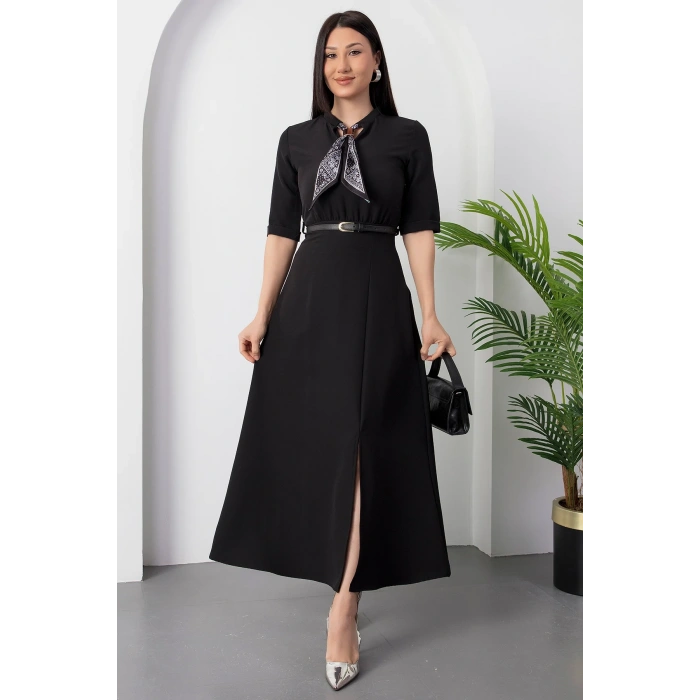 Kadın Kısa Kollu Fular Ve Kemer Detay önden Yırtmaçlı Maxi Boy Elbise