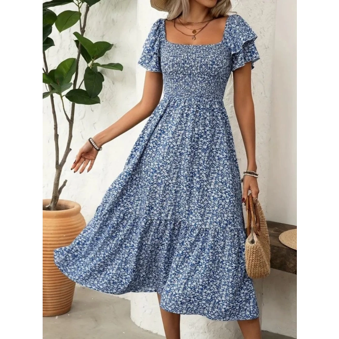 Kadın Kısa Kollu Gipe Detaylı Desenli Midi Süprem Elbise