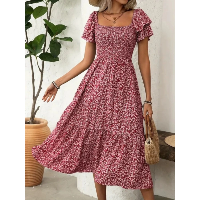 Kadın Kısa Kollu Gipe Detaylı Desenli Midi Süprem Elbise