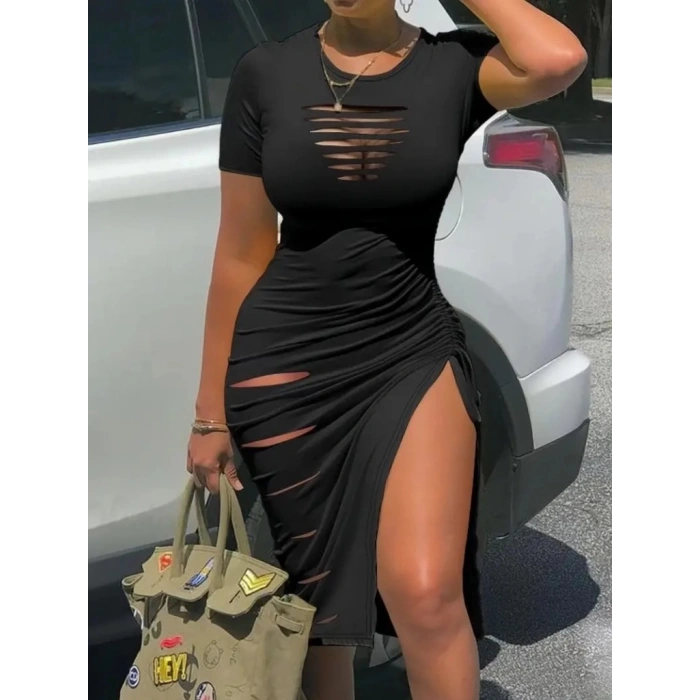 Kadın Kısa Kollu Göğüs Ve Bacak Kesik Ve Derin Büzgülü Yırtmaç Detay Viskon Midi Boy Elbise