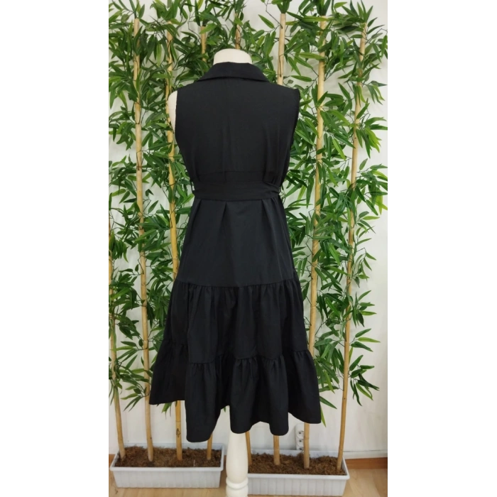 Kadın Kısa Kollu Gömlek Yaka Düğmeli Beli Kuşaklı Katlı Dokuma Midi Elbise