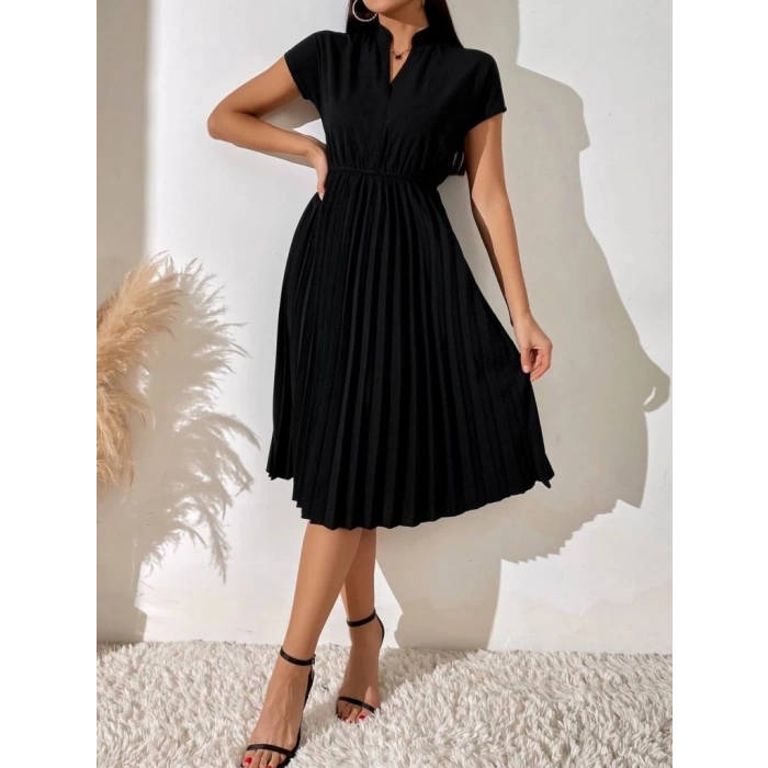 Kadın Kısa Kollu Hakim V Yakalı Pileli Janjan Krep Elbise