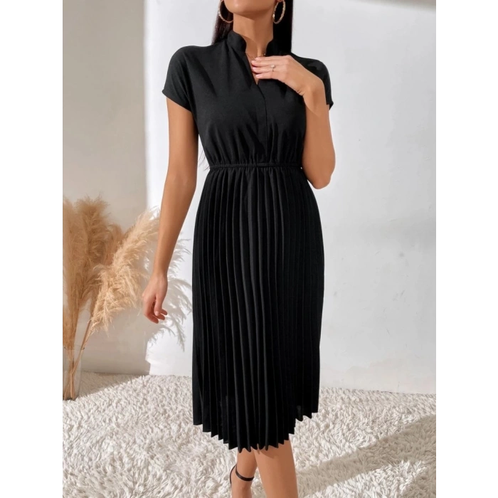 Kadın Kısa Kollu Hakim V Yakalı Pileli Janjan Krep Elbise