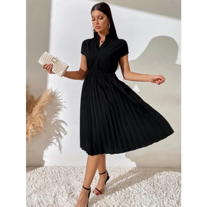 Kadın Kısa Kollu Hakim V Yakalı Pileli Janjan Krep Elbise