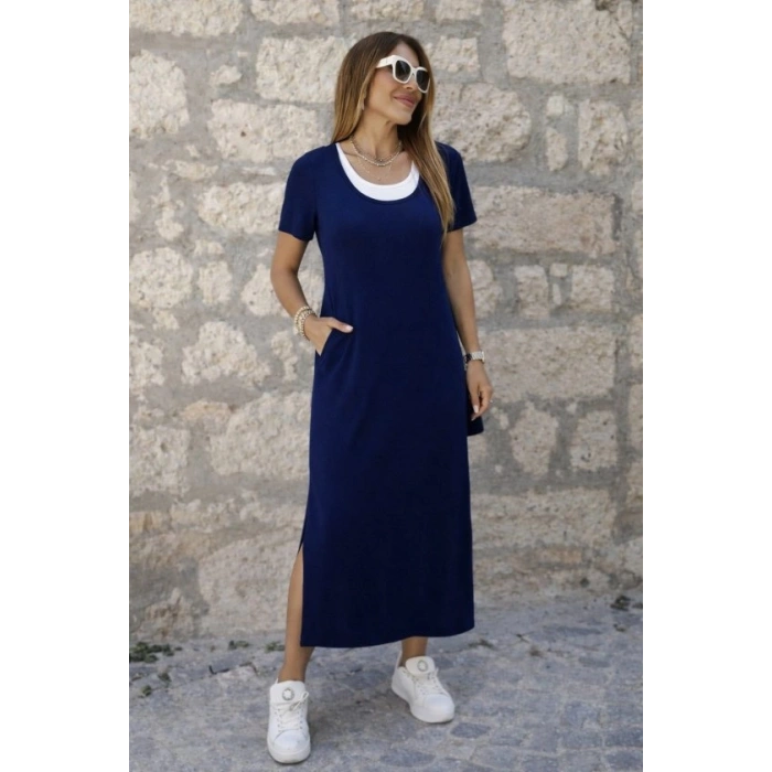 Kadın Kısa Kollu Içi Atlet Görünümlü Yandan Yırtmaçlı Uzun Viskon Elbise