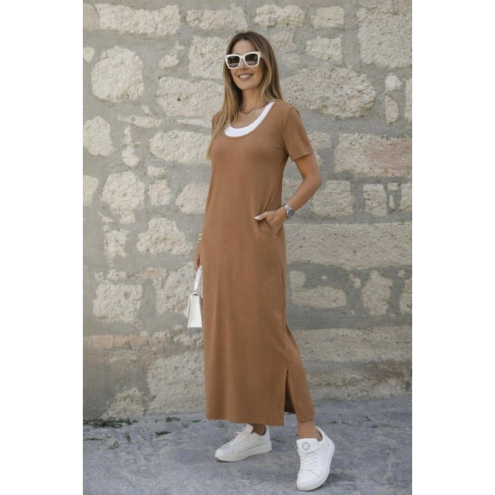 Kadın Kısa Kollu Içi Atlet Görünümlü Yandan Yırtmaçlı Uzun Viskon Elbise