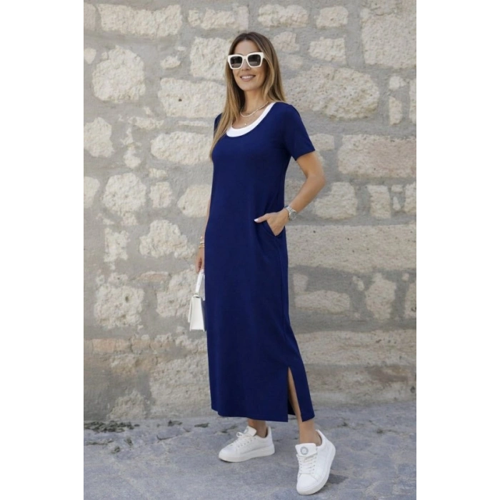 Kadın Kısa Kollu Içi Atlet Görünümlü Yandan Yırtmaçlı Uzun Viskon Elbise