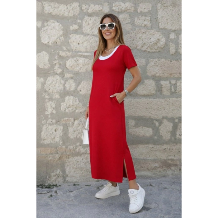 Kadın Kısa Kollu Içi Atlet Görünümlü Yandan Yırtmaçlı Uzun Viskon Elbise