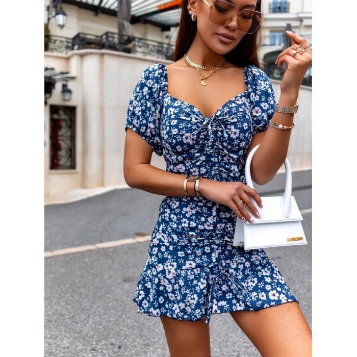 Kadın Kısa Kollu Kalp Yaka çiçek Desenli Krep Elbise