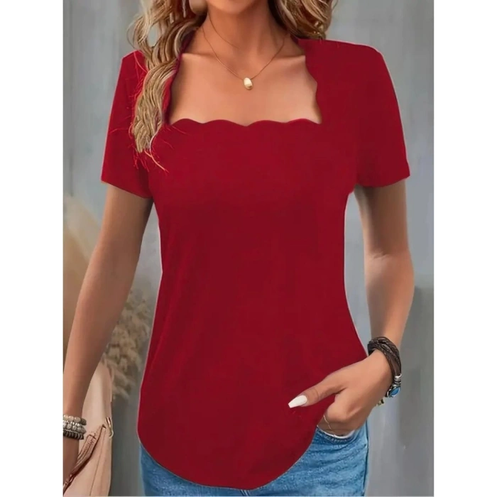 Kadın Kısa Kollu Kare Lazer Yakalı Janjan Krep Bluz