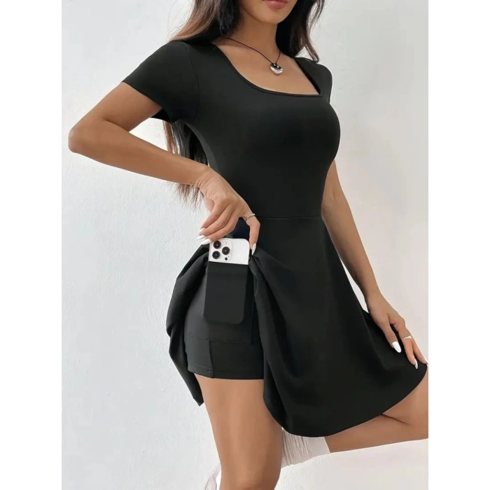 Kadın Kısa Kollu Kare Yaka Short Detaylı Cepli Dalgıç Elbise