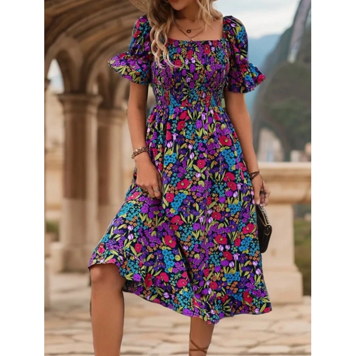 Kadın Kısa Kollu Kare Yakalı Beli Lastikli çiçek Desenli Mini Süprem Elbise