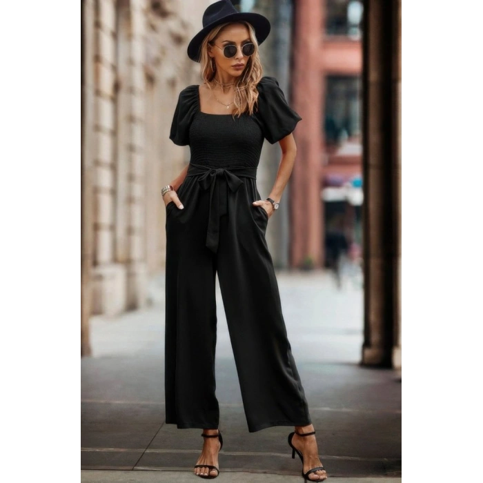 Kadın Kısa Kollu Kare Yakalı Göğsü Gipeli Belden Kuşaklı Uzun Janjan Tulum