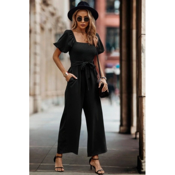 Kadın Kısa Kollu Kare Yakalı Göğsü Gipeli Belden Kuşaklı Uzun Janjan Tulum