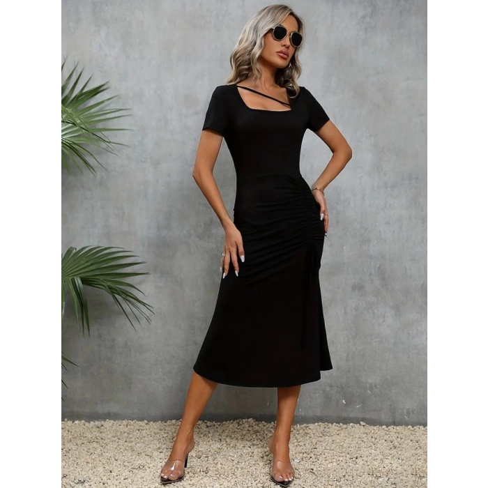 Kadın Kısa Kollu Kare Yakalı Ip Detaylı Janjan Krep Elbise