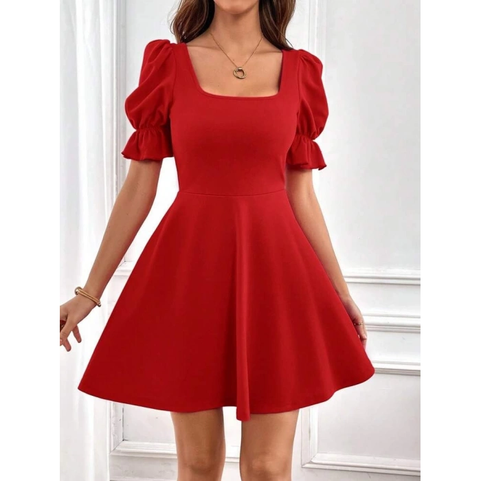 Kadın Kısa Kollu Kare Yakalı Kiloş Ithal Krep Elbise