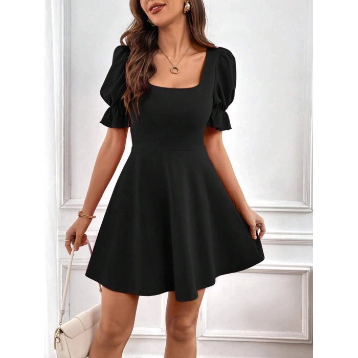 Kadın Kısa Kollu Kare Yakalı Kiloş Ithal Krep Elbise