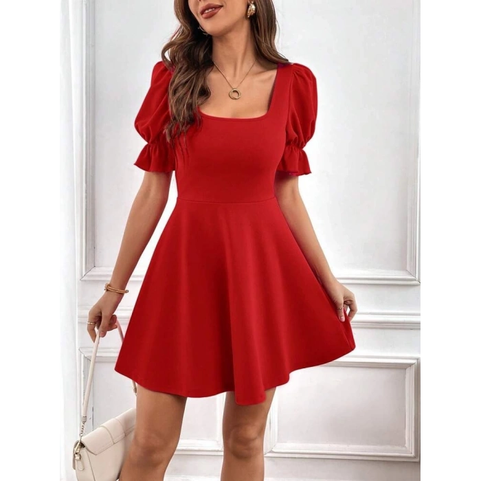 Kadın Kısa Kollu Kare Yakalı Kiloş Ithal Krep Elbise