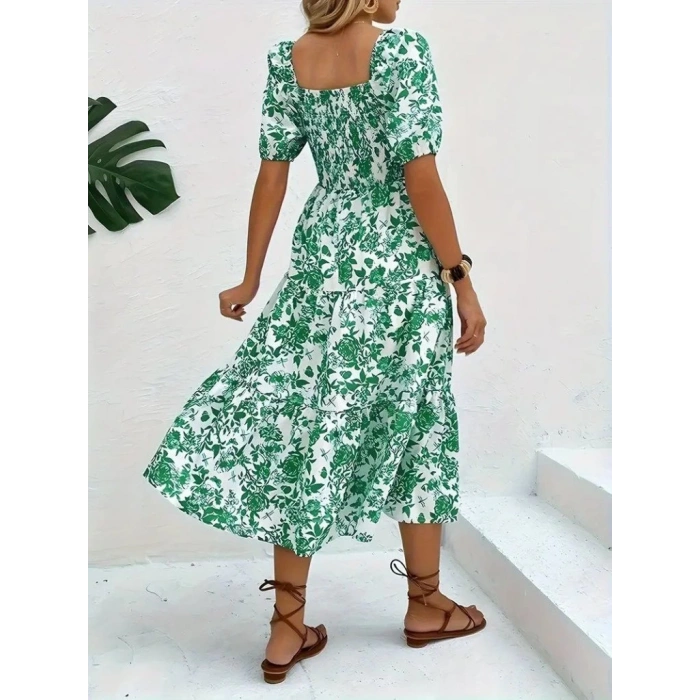 Kadın Kısa Kollu Kare Yakalı Lastikli Desenli Süprem Elbise