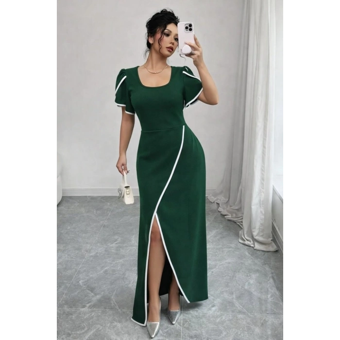 Kadın Kısa Kollu Kare Yakalı önden çapraz Kesim Detaylı Krep Elbise