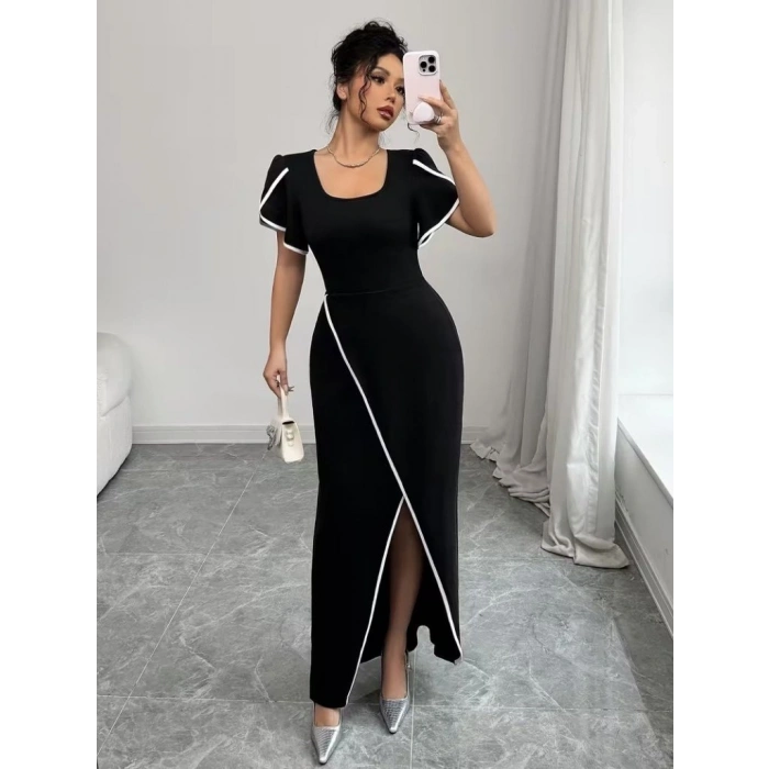 Kadın Kısa Kollu Kare Yakalı önden çapraz Kesim Detaylı Krep Elbise