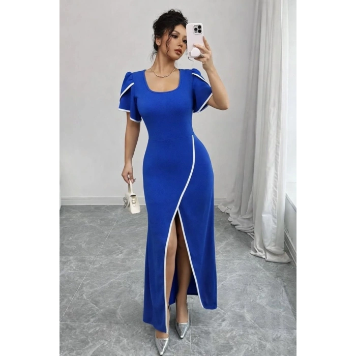 Kadın Kısa Kollu Kare Yakalı önden çapraz Kesim Detaylı Krep Elbise