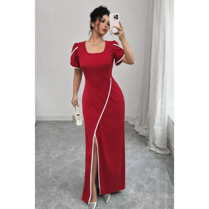 Kadın Kısa Kollu Kare Yakalı önden çapraz Kesim Detaylı Krep Elbise