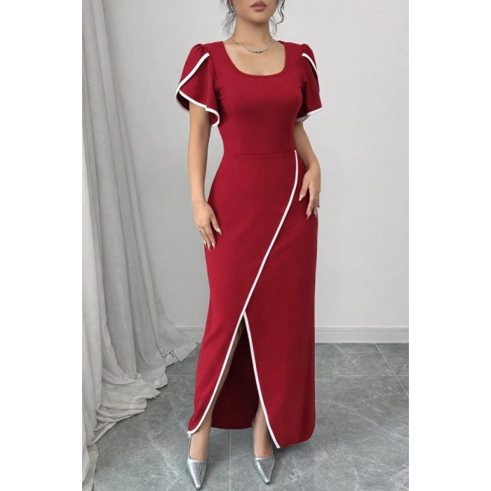 Kadın Kısa Kollu Kare Yakalı önden çapraz Kesim Detaylı Krep Elbise