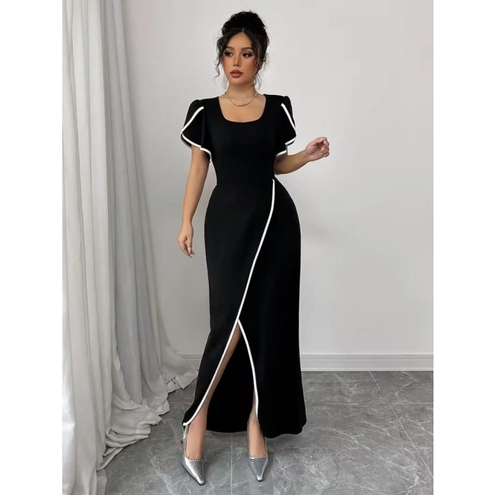 Kadın Kısa Kollu Kare Yakalı önden çapraz Kesim Detaylı Krep Elbise