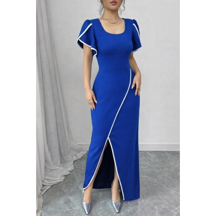 Kadın Kısa Kollu Kare Yakalı önden çapraz Kesim Detaylı Krep Elbise