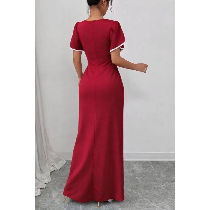 Kadın Kısa Kollu Kare Yakalı önden çapraz Kesim Detaylı Krep Elbise