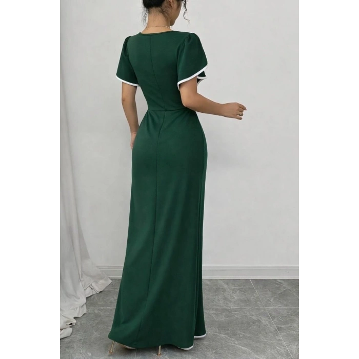 Kadın Kısa Kollu Kare Yakalı önden çapraz Kesim Detaylı Krep Elbise