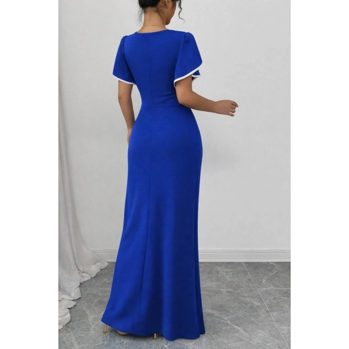 Kadın Kısa Kollu Kare Yakalı önden çapraz Kesim Detaylı Krep Elbise