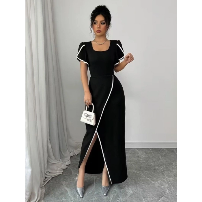 Kadın Kısa Kollu Kare Yakalı önden çapraz Kesim Detaylı Krep Elbise