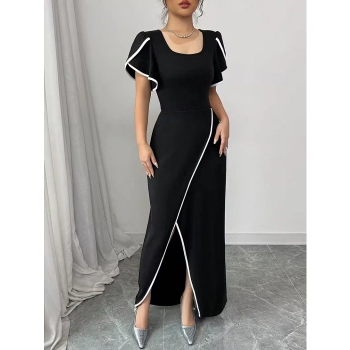 Kadın Kısa Kollu Kare Yakalı önden çapraz Kesim Detaylı Krep Elbise