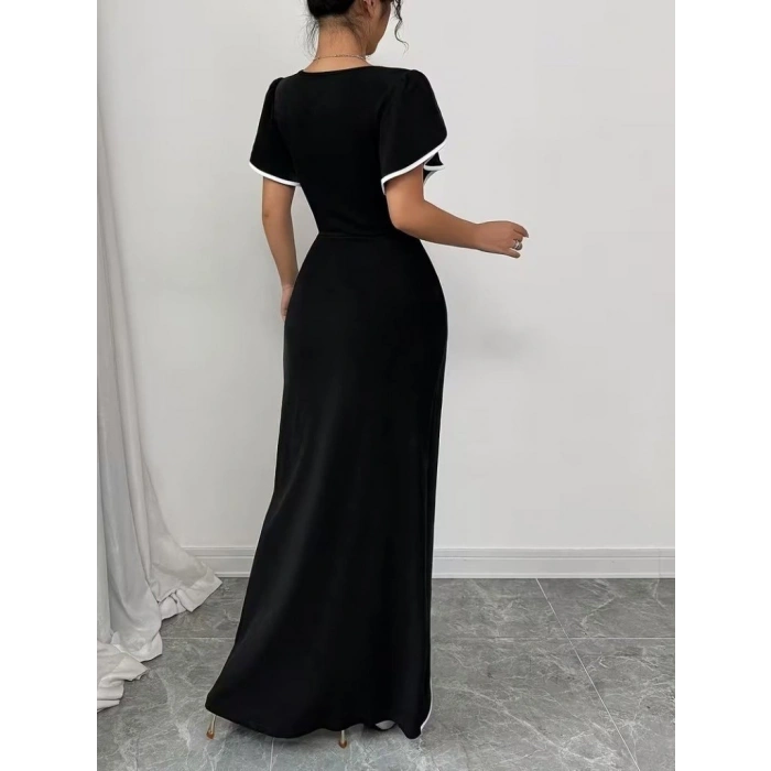 Kadın Kısa Kollu Kare Yakalı önden çapraz Kesim Detaylı Krep Elbise