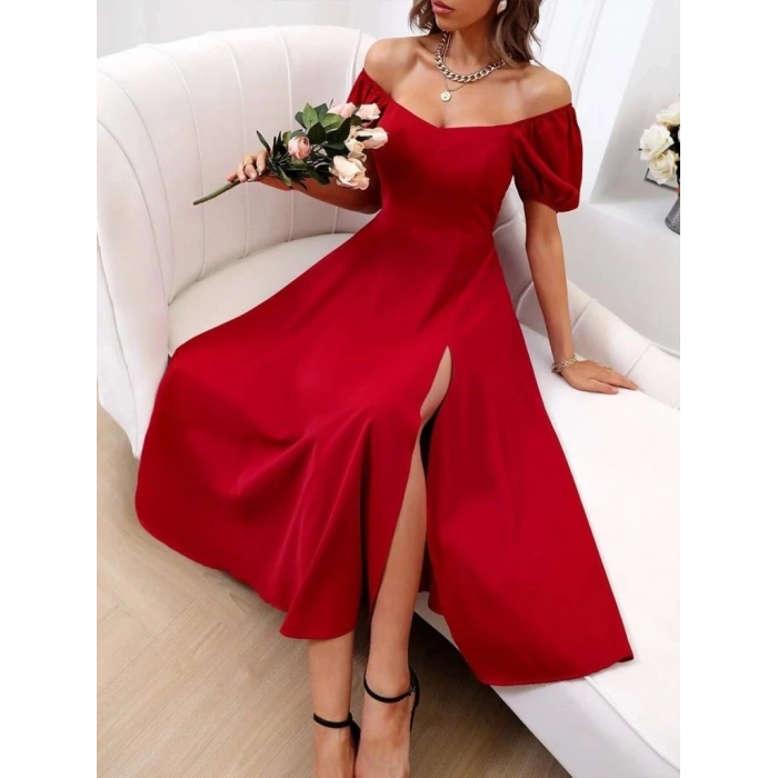 Kadın Kısa Kollu Kare Yakalı Yırtmaçlı Midi Janjan Krep Elbise