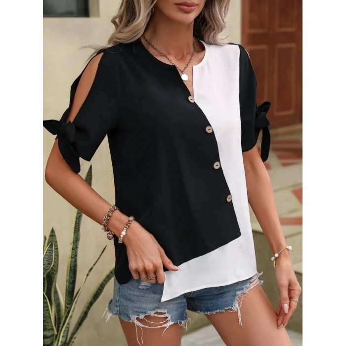 Kadın Kısa Kollu Kollardan Bağlamalı önden Asimetrik Kesim çift Renk Detaylı Düğmeli Ithal Krep Bluz